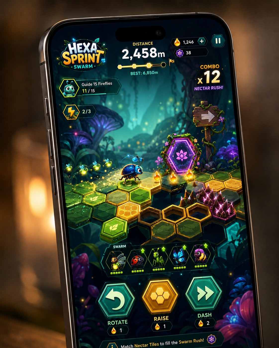 Hexa Sprint mobile game interface on a forest hex-tile track