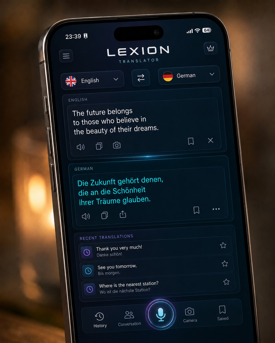Lexion translator app interface shown on a mobile phone
