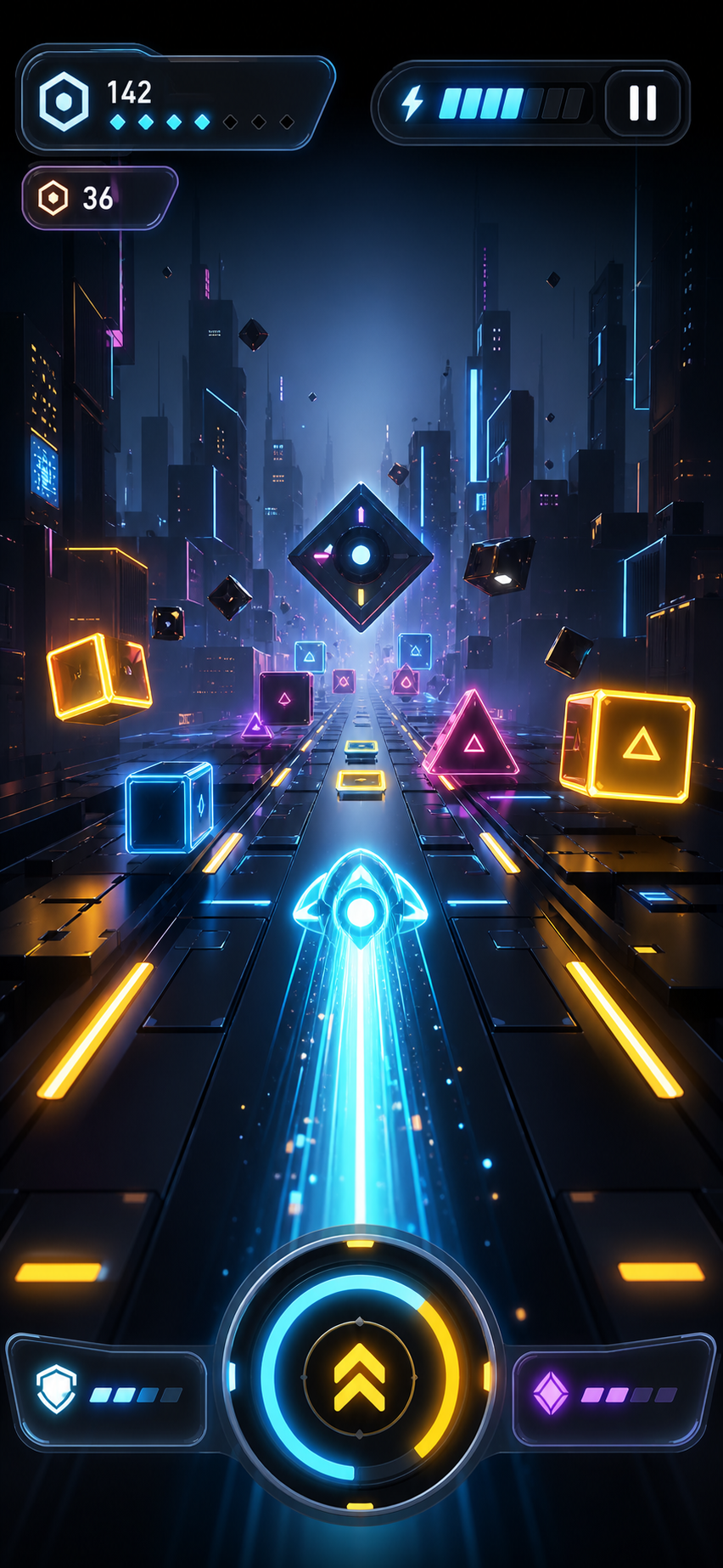 Imaginary neon runner mobile game interface