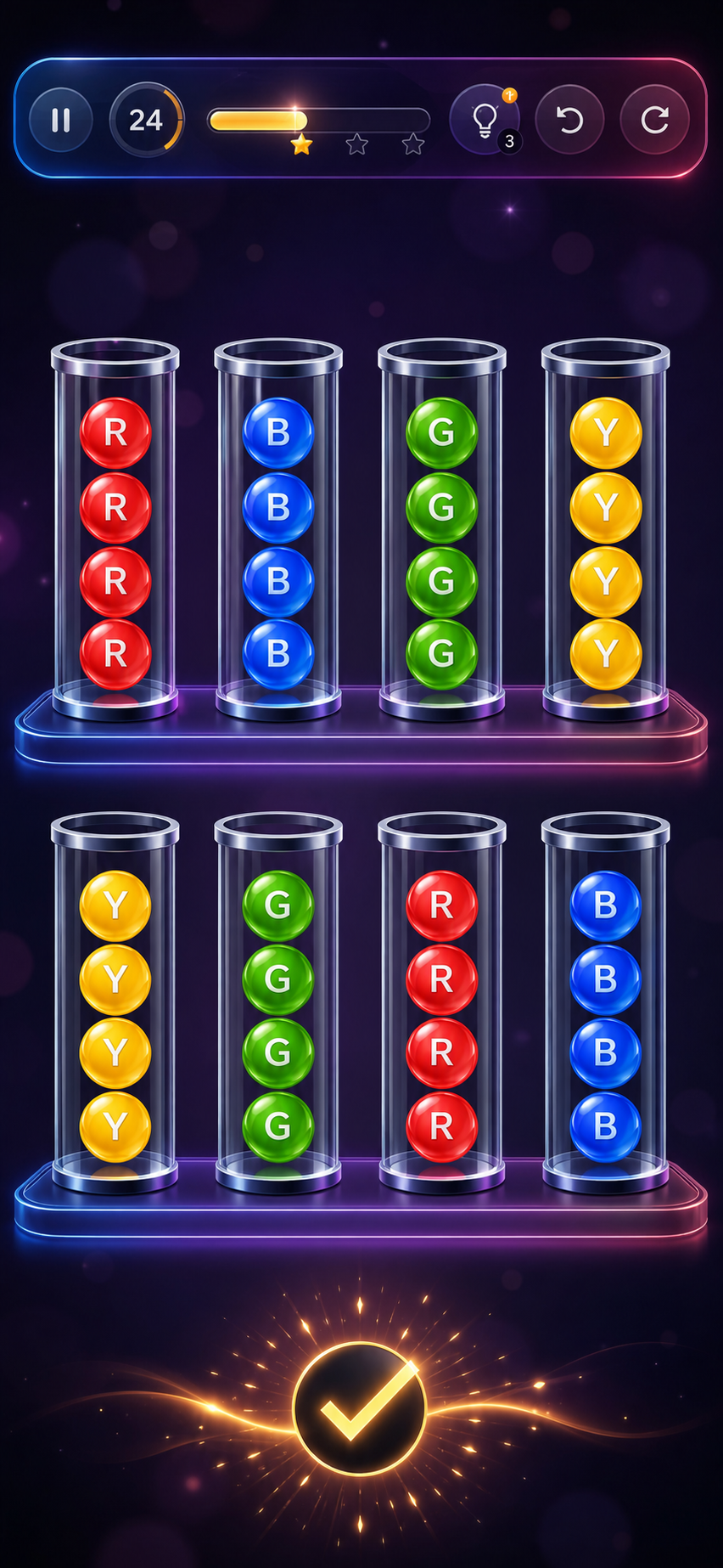 Sortiago-style color sort puzzle shown as a premium mobile game interface