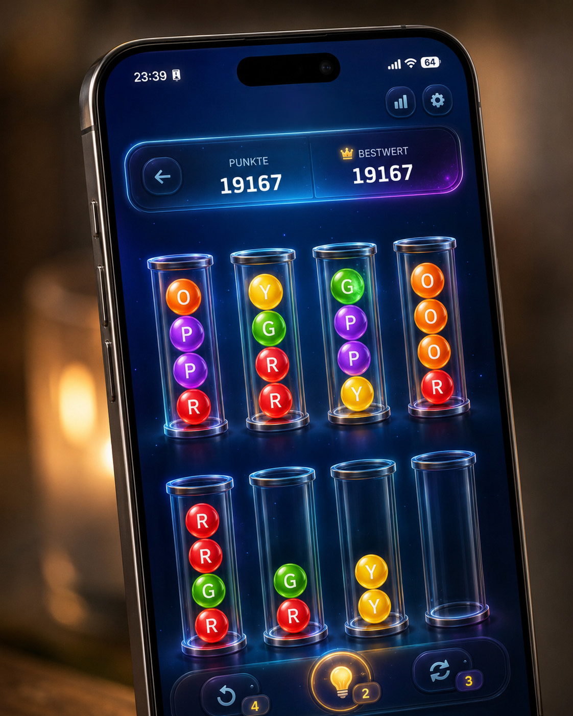 Sortiago color sort puzzle game shown on a mobile phone